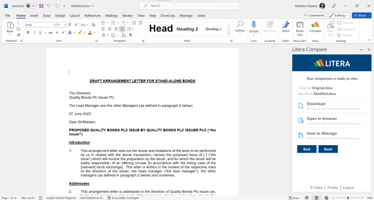 screenshot of Litera Compare